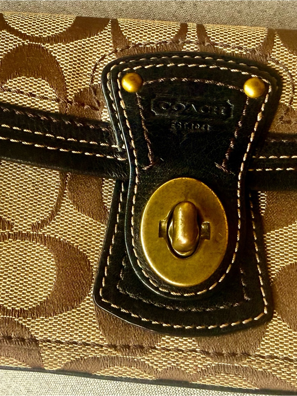 Coach Brown Signature Canvas Wallet with Gold Turnlock vintage Authentic